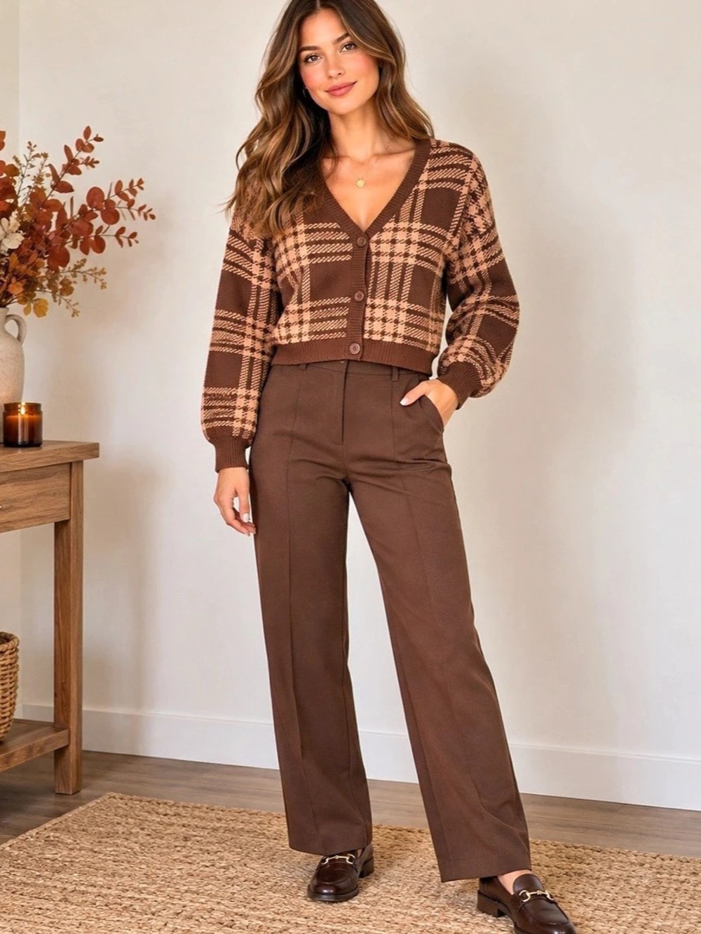 Hollister Brown Plaid Cropped Cardigan Women’s Large Preppy Fall